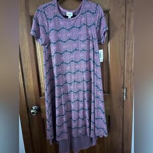LuLaRoe Carly Dress Steel Blue Pink Medallions Swing High Low T Shirt Small NWT